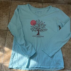 Life Is Good Light Blue Long Sleeve Shirt with Tree Graphic